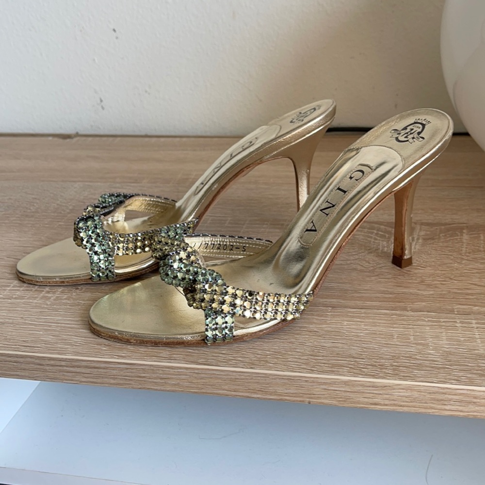 Gold and rhinestone slip ons